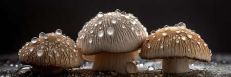 Mushrooms on black background with water drops. Shallow depth of field.の素材