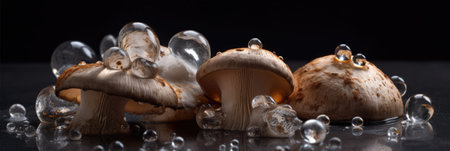 Mushrooms on a black background with water drops, close-upの素材