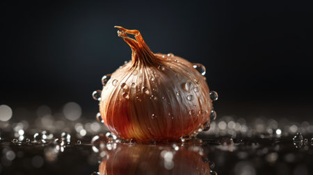 onion with water drops on black background, shallow depth of fieldの素材
