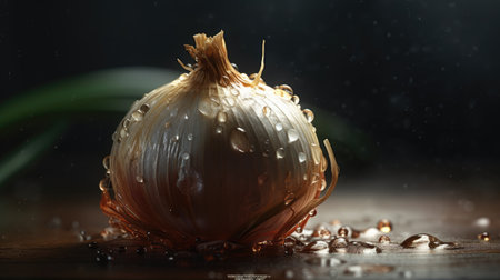 Fresh organic onion with water drops on wooden table, close-upの素材