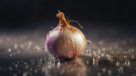 Close up of fresh onion bulb with water drops on wooden table.の素材