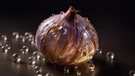 onion bulb with water drops on a dark background close-upの素材