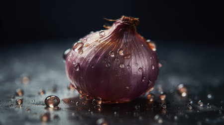 Fresh oniont on a black background with water drops. Selective focus.の素材