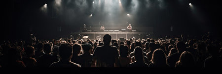 Concert crowd in front of a stage with lights and spotlightsの素材