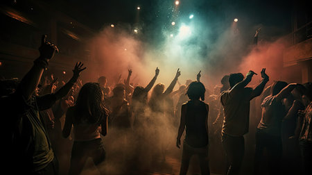 Group of young people dancing at a music festival in the night clubの素材