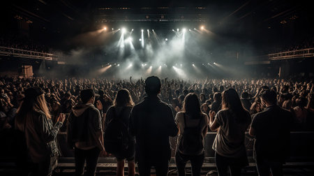 Crowd in front of a concert stage during a music festival.の素材