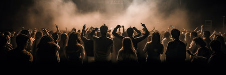 Silhouettes of a crowd in front of a concert stage.の素材