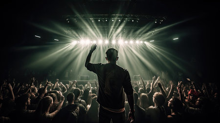 Silhouette of a man with raised hands in front of the stageの素材