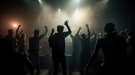silhouette of a dancing crowd in front of a concert stageの素材