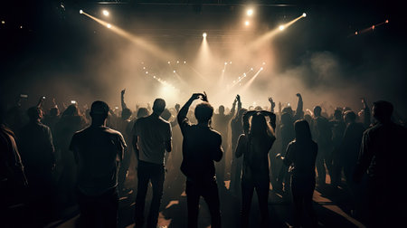 Concert crowd in front of bright stage lights and smoke. Silhouettes of people dancing on stageの素材
