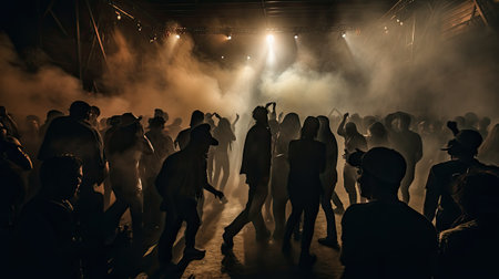 Silhouettes of dancing people in the smoke on the stage.の素材