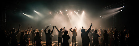 Silhouettes of people dancing at a live music concert. Mixed mediaの素材