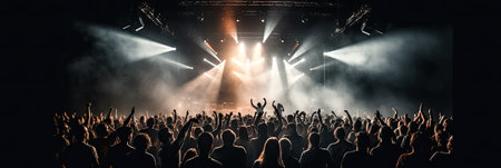 Concert crowd with hands raised at a music festival. Mixed mediaの素材