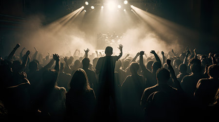 Silhouettes of concert crowd in front of a stage lights.の素材