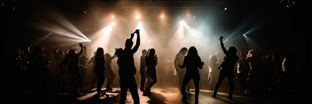 Silhouettes of people dancing on stage at night club. Concert crowd.の素材