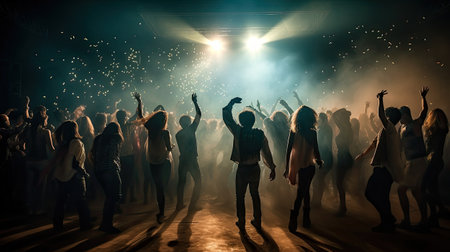 Silhouettes of people dancing in night club with lights. Mixed mediaの素材