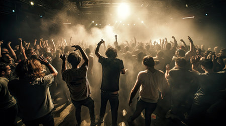 Crowd in front of bright stage lights during a music festival.の素材