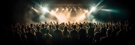 Silhouettes of a crowd at a concert in front of stage lightsの素材