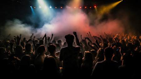 Concert crowd at a music festival with hands raised in the airの素材