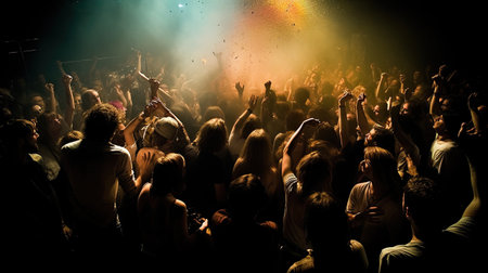 Crowd cheering at a live music concert in a nightclub with lights and smokeの素材