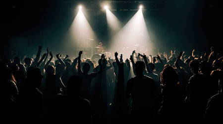 Crowd cheering at a concert in front of a stage with spotlightsの素材