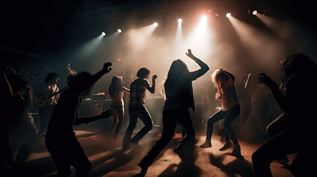 Young people dancing at a live music festival in front of the stage.の素材
