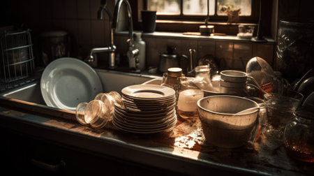 Dirty dishes in the kitchen of an old house. Selective focus. Toned.の素材