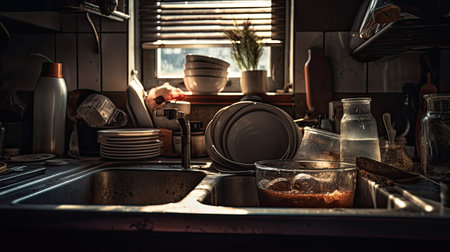 Dirty dishes in the kitchen sink. Selective focus. Toned.の素材