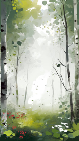 Abstract watercolor landscape with birch and pine forest. Vector illustration.の素材