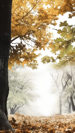Autumn forest background with trees and fog. Digital art painting.の素材