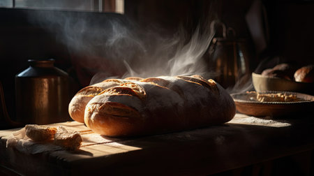 Freshly baked bread on a wooden table in the kitchen at sunsetの素材