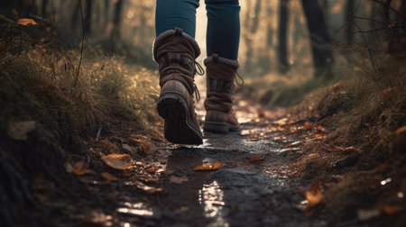 Woman hiking in autumn forest. Hiking boots on footpath.の素材