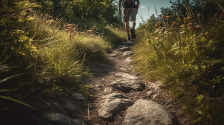 Hiking in the mountains. A man with a backpack walks along a path.の素材