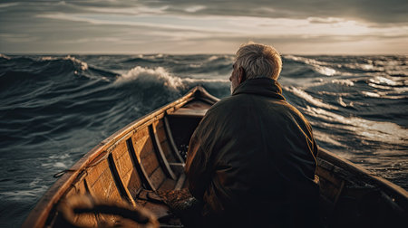 Handsome senior man sitting in a boat on the sea at sunsetの素材