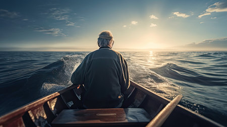 Rear view of a man sitting on a wooden boat and looking at the seaの素材
