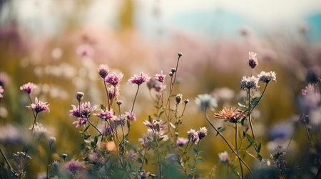 Wildflowers in the meadow at sunset - retro vintage effectの素材