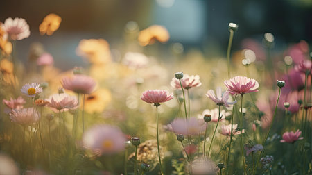 Beautiful cosmos flowers blooming in the garden in vintage style.の素材