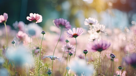 Cosmos flowers blooming in the meadow, vintage style. Generative AI.の素材