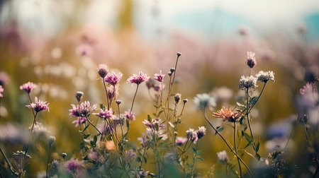 Wildflowers in the meadow at sunset - retro vintage effect. Generative AI.の素材
