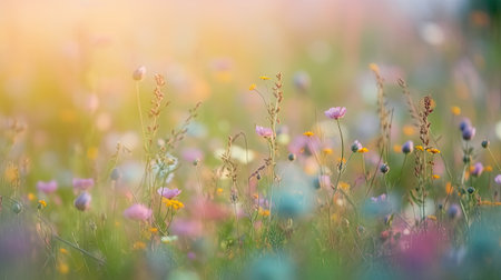 summer meadow with wildflowers, soft focus. nature background. Generative AIの素材