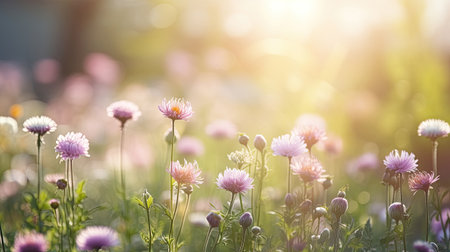 summer meadow with pink and purple flowers in the rays of the sun. Generative AI.の素材