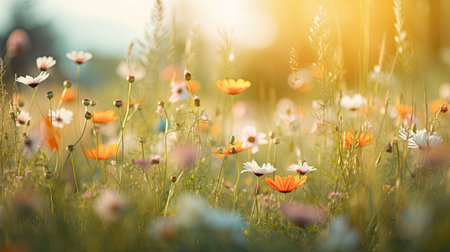 Beautiful wildflowers meadow at sunset. Nature background. Generative AI.の素材