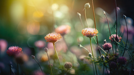 Beautiful wildflowers blooming in the meadow at sunset. Generative AI.の素材