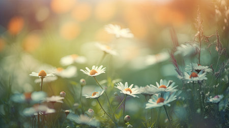 Beautiful daisies on the meadow in the morning light. Generative AI.の素材