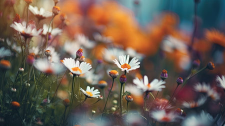 Colorful daisies in the meadow at sunset. Soft focus. Generative AIの素材