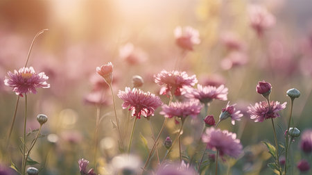Pink chrysanthemum flowers on a meadow in sunlight. Generative AIの素材