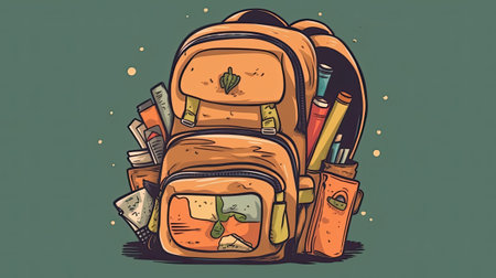 Vector illustration of a backpack with school supplies on a green background.の素材