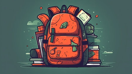 Vector illustration of a red school backpack with books on a green background.の素材