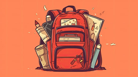 Vector illustration of a red school backpack with stationery. Back to school.の素材