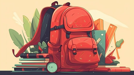 Vector illustration of a red backpack with stationery. Back to school.の素材